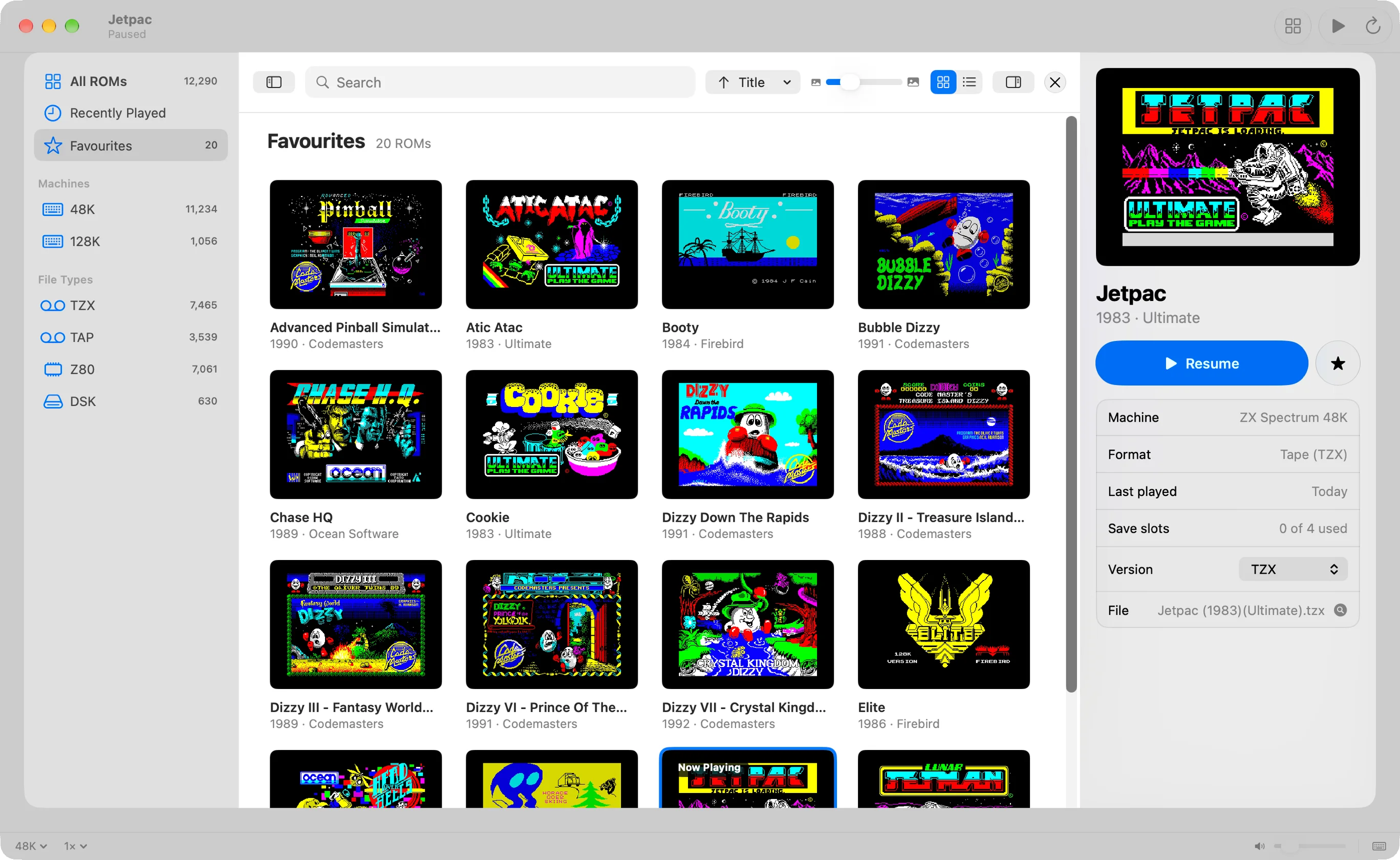 The game library: a grid of favourite games beside the details for Jetpac.