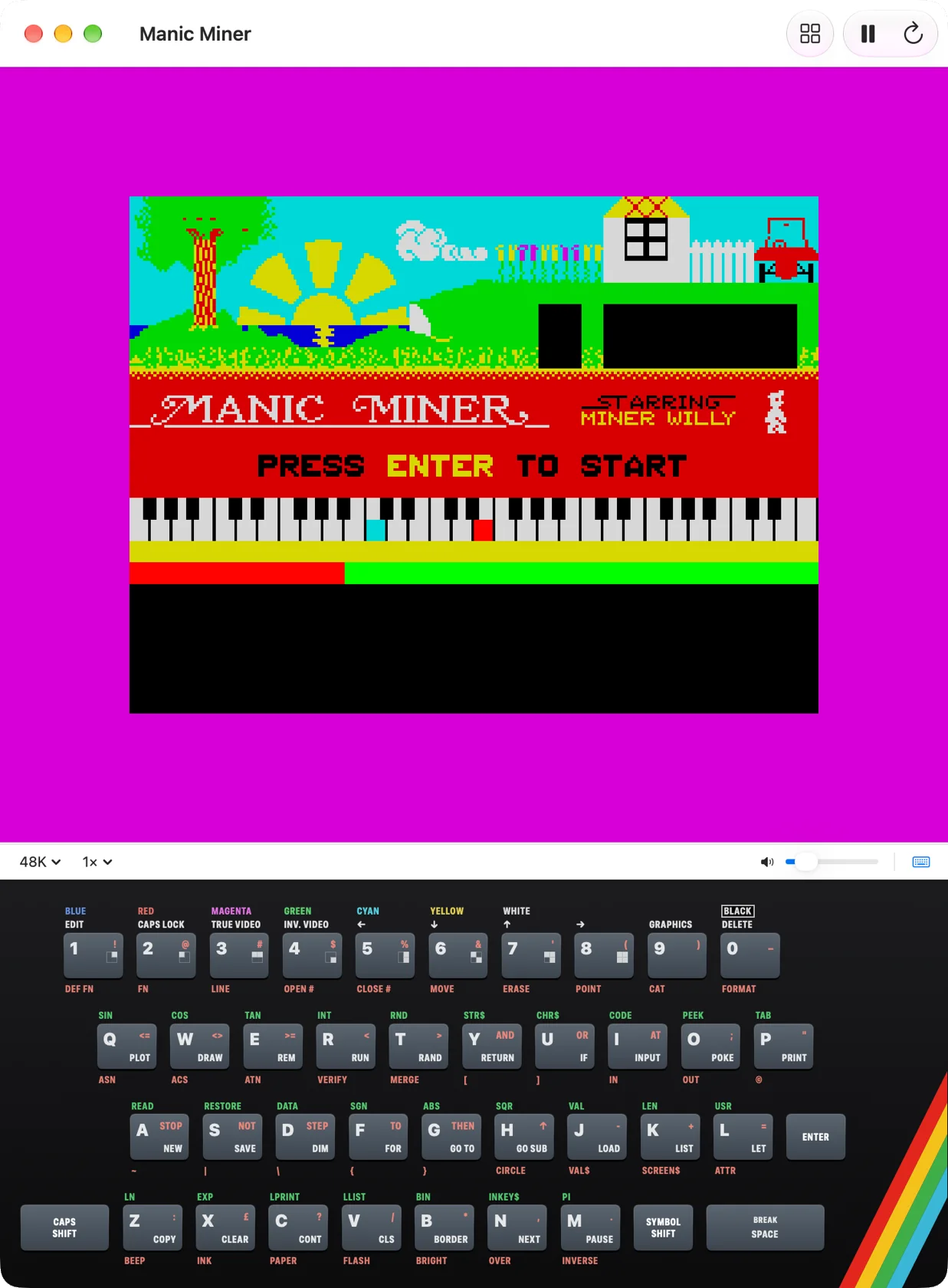 Manic Miner on a 48K, with the Spectrum keyboard open under the screen.