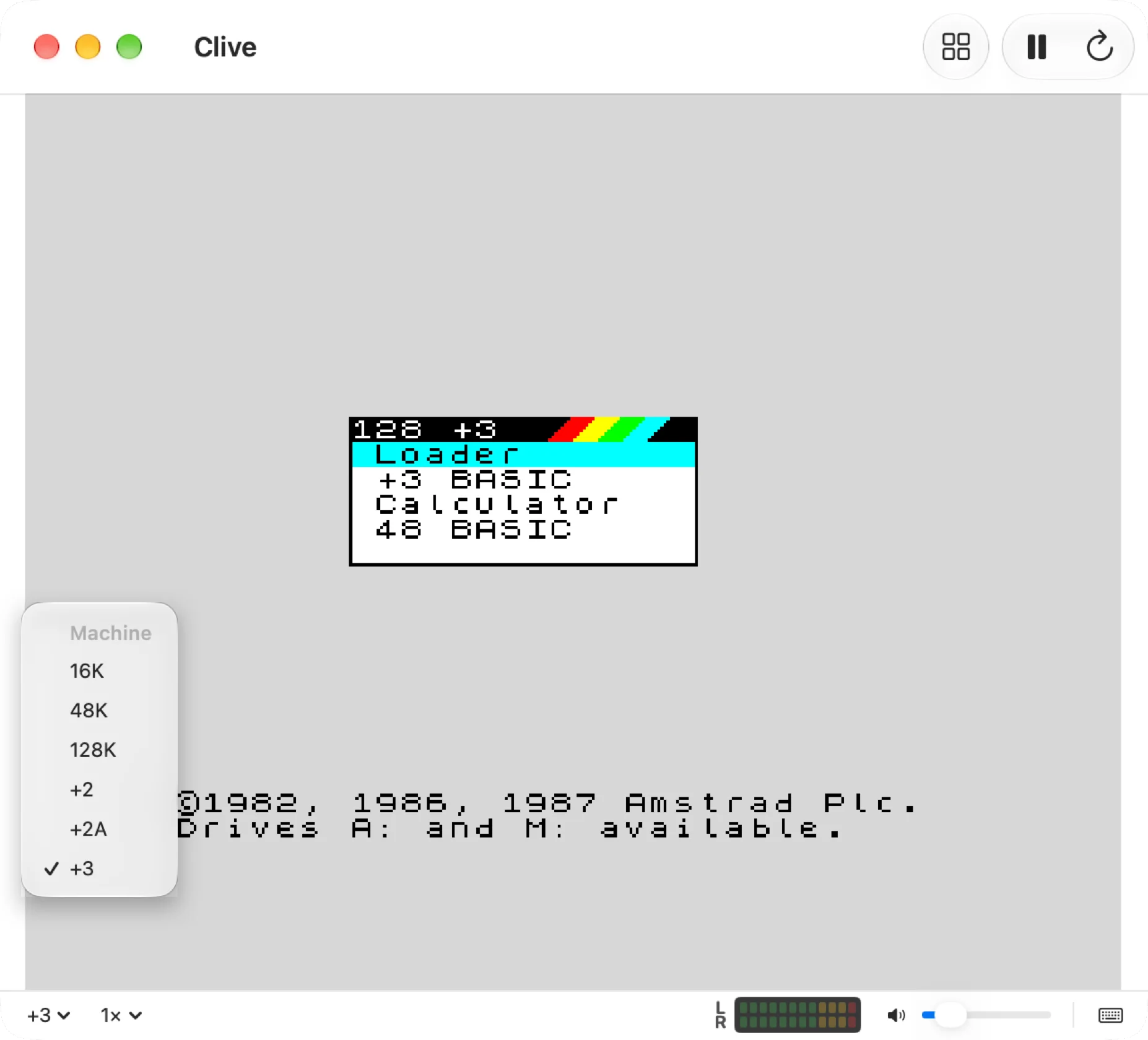 The +3 start-up menu, with the machine menu open: 16K, 48K, 128K, +2, +2A and +3.