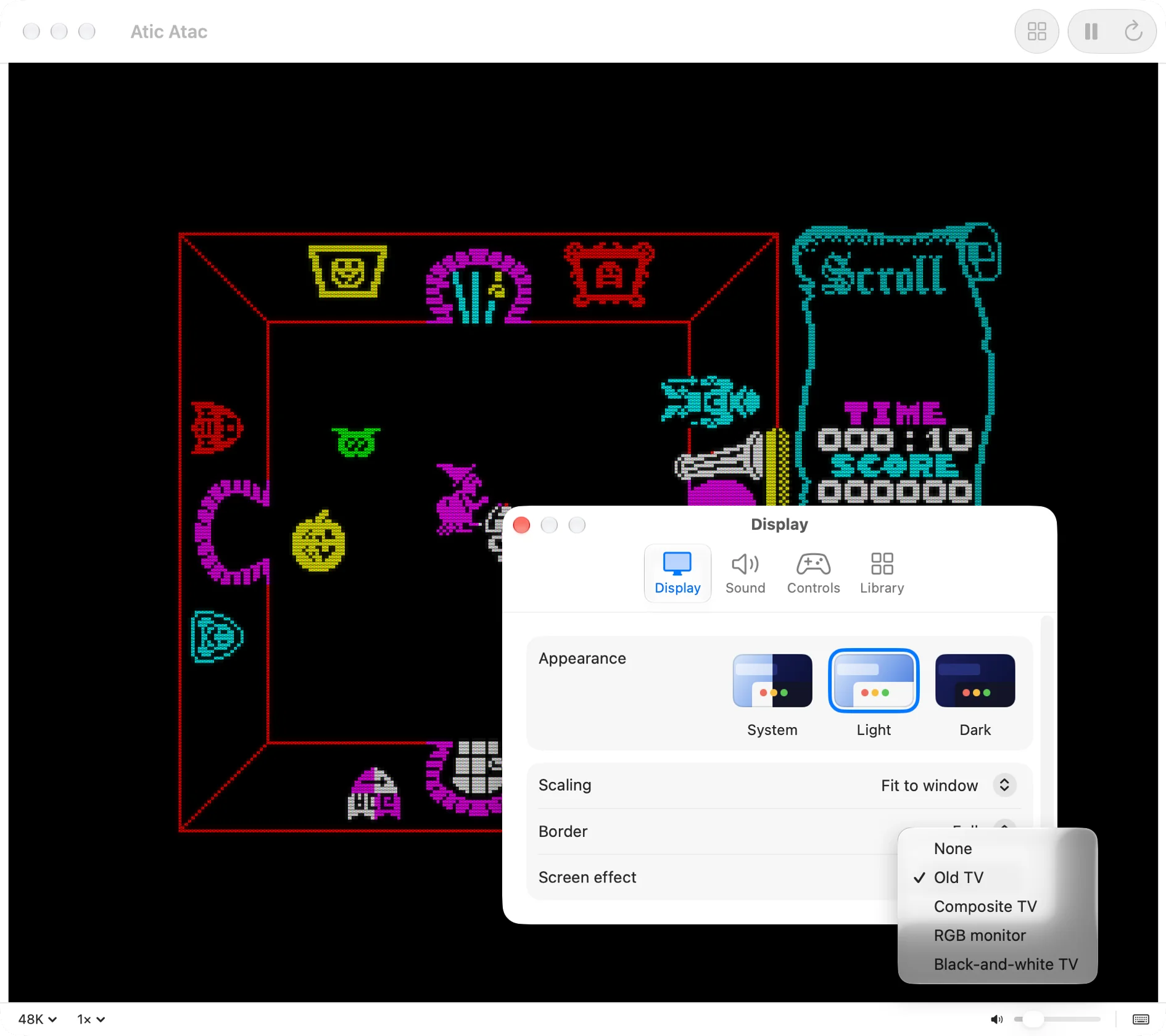 Atic Atac with the Old TV effect, and the screen effect menu open in Settings.