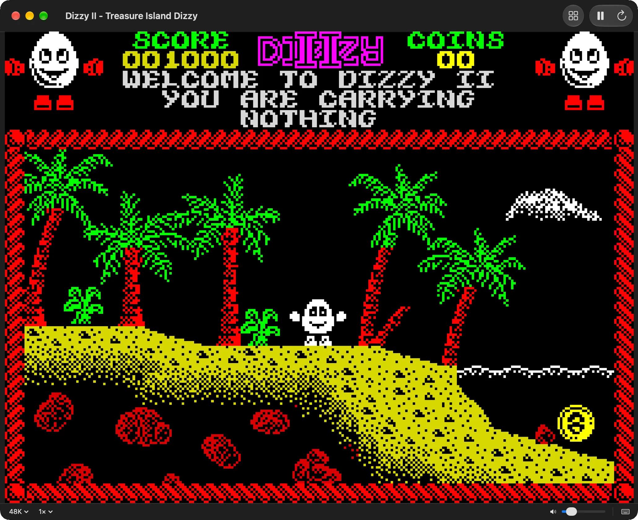 Treasure Island Dizzy in dark mode, with no border.