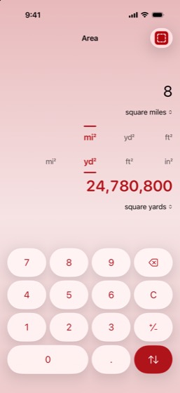 Area: 8 square miles converted to 24,780,800 square yards, in red.