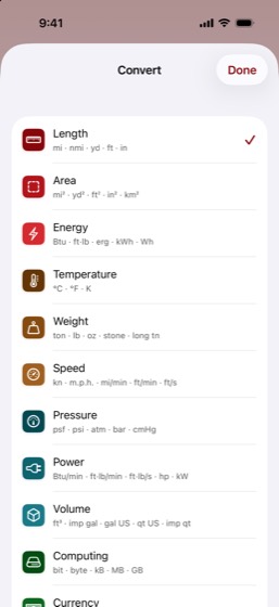 The category picker, listing Length, Area, Energy, Temperature, Weight, Speed, Pressure, Power, Volume, Computing and Currency, each with a coloured badge and a sample of its units.