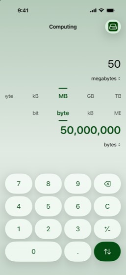 Computing: 50 megabytes converted to 50,000,000 bytes, in green.