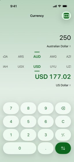 Currency: 250 Australian dollars converted to 177.02 US dollars, in green.