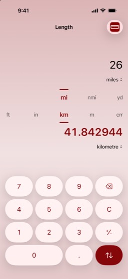Length: 26 miles converted to 41.842944 kilometres, in crimson.