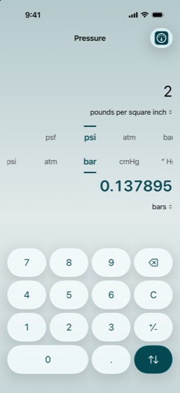 Pressure: 2 pounds per square inch converted to 0.137895 bars, in teal.
