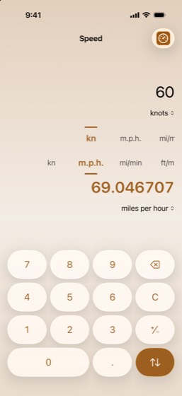 Speed: 60 knots converted to 69.046707 miles per hour, in amber.