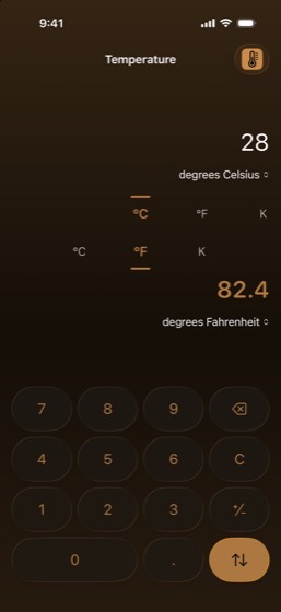 Temperature at night: 28 degrees Celsius converted to 82.4 degrees Fahrenheit, in dark amber.