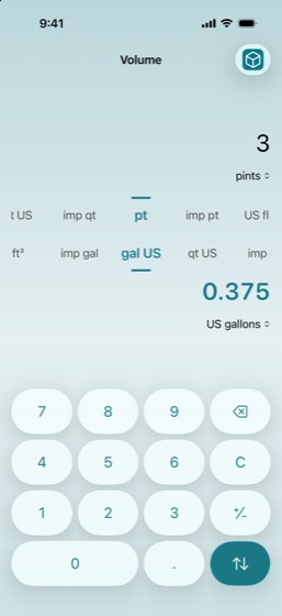Volume: 3 imperial pints converted to 0.375 US gallons, in blue-green.
