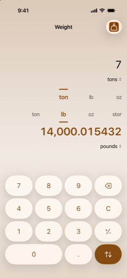 Weight: 7 tons converted to 14,000.015432 pounds, in brown.