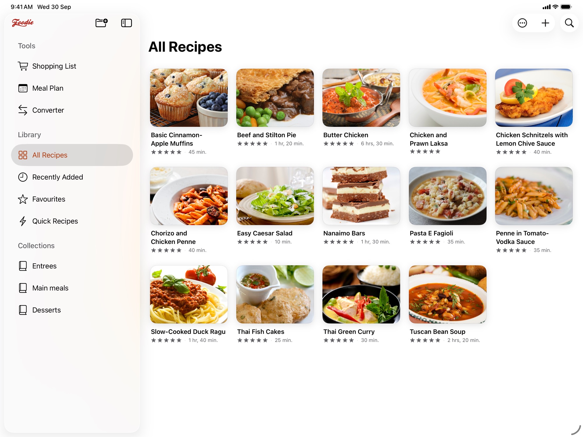 Foodie on iPad: a sidebar with Tools, Library and Collections beside a grid of recipe photos.