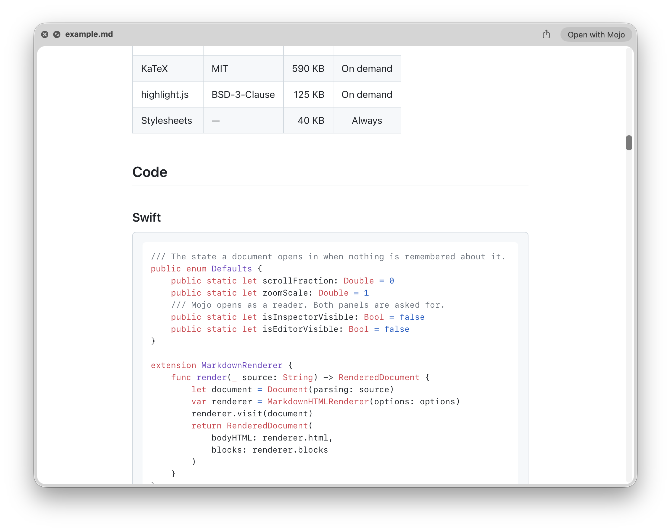 A Markdown file previewed in the Finder with Quick Look.