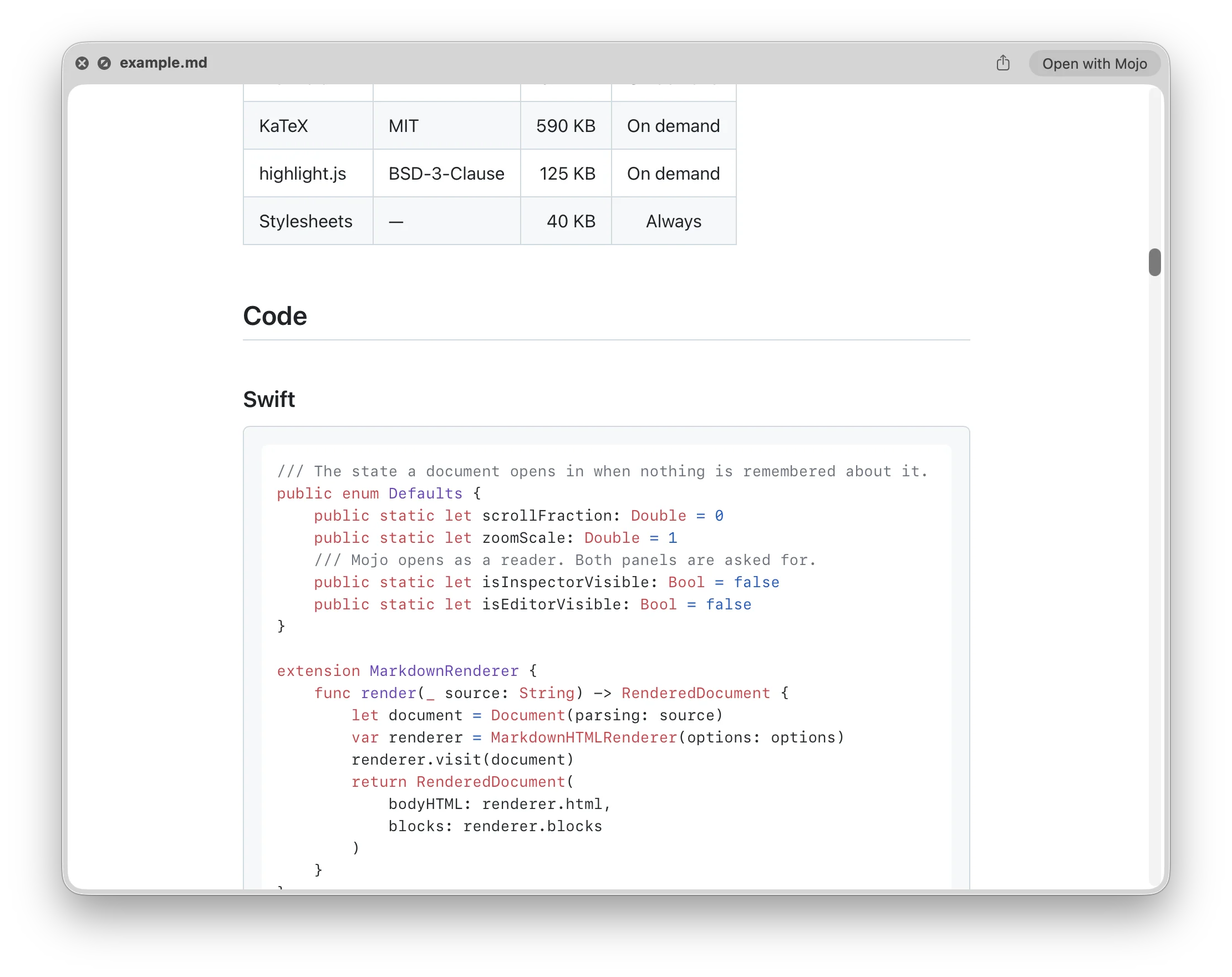 A Markdown file previewed in the Finder with Quick Look.