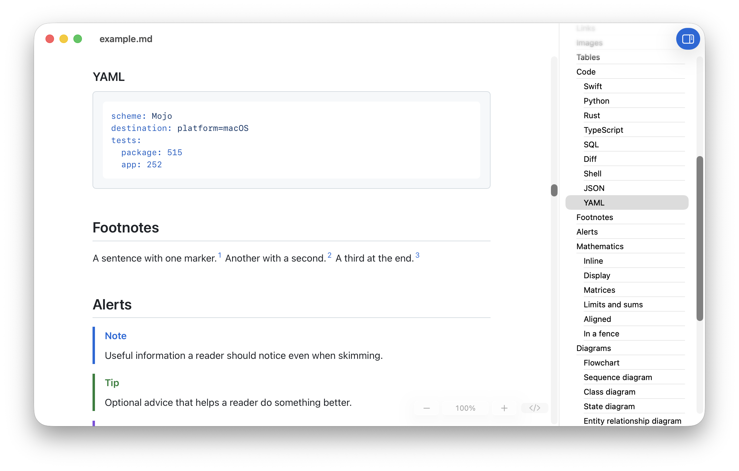 The outline inspector listing a document's headings.