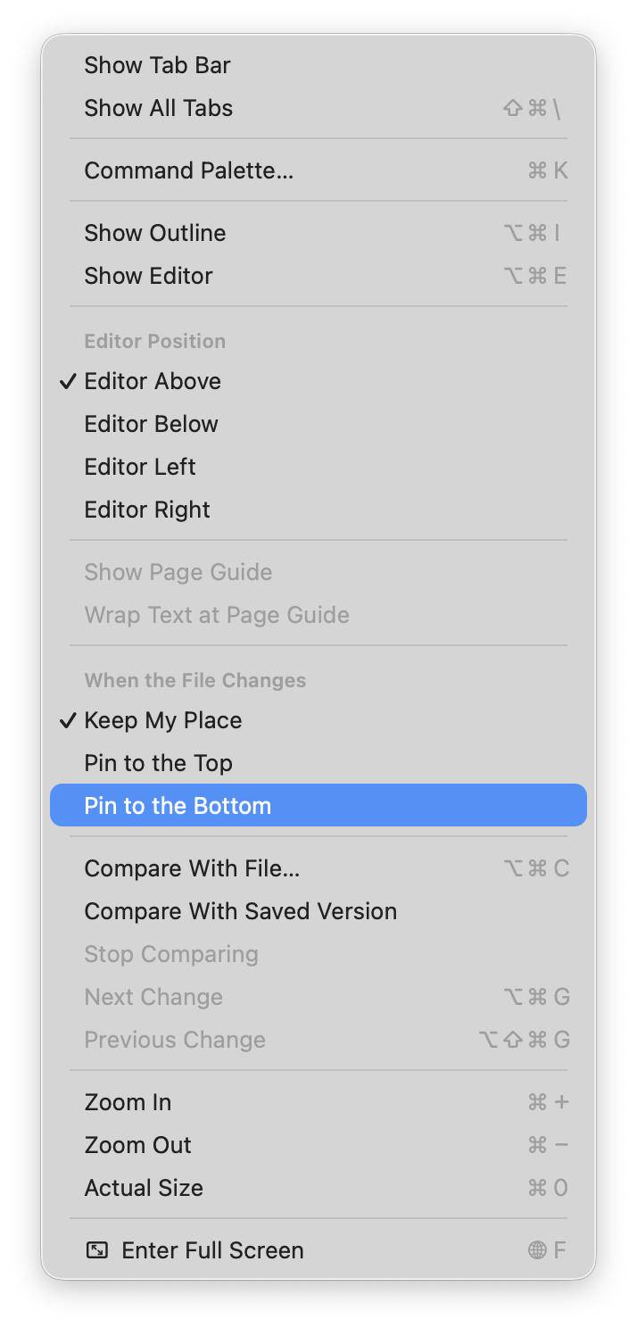 The menu for what happens when the file changes: keep your place, pin to the top, pin to the bottom.