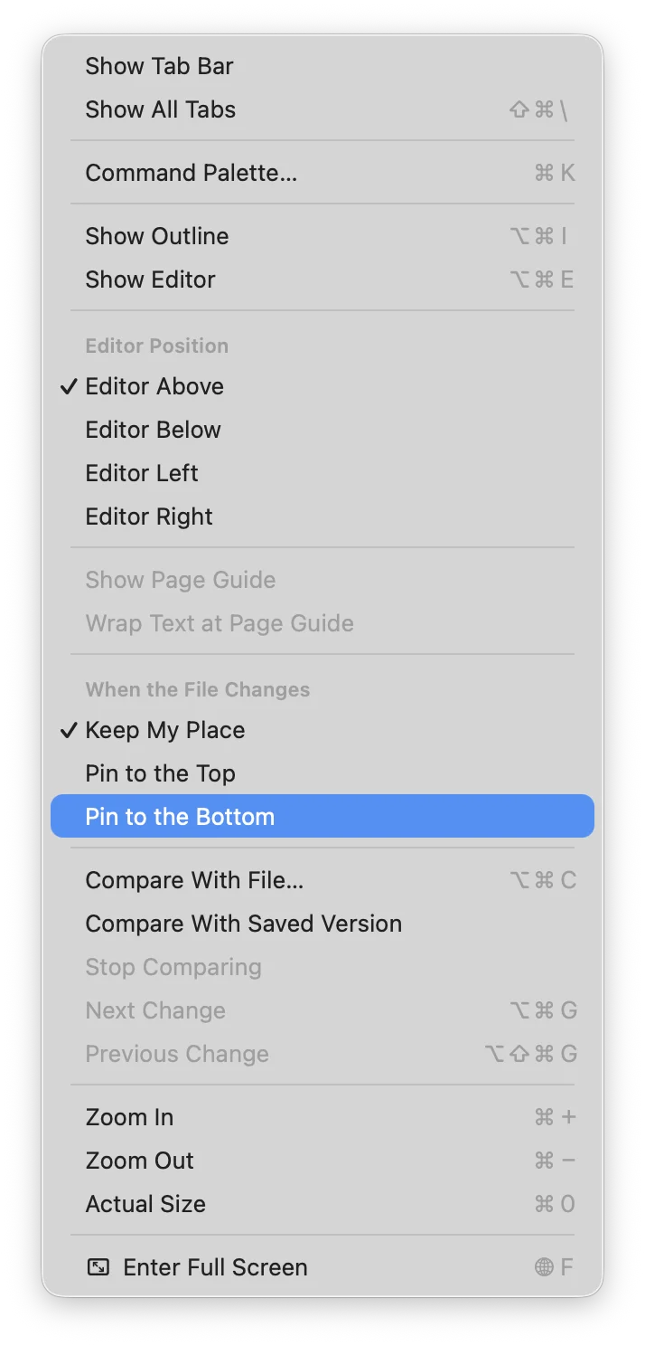 The menu for what happens when the file changes: keep your place, pin to the top, pin to the bottom.