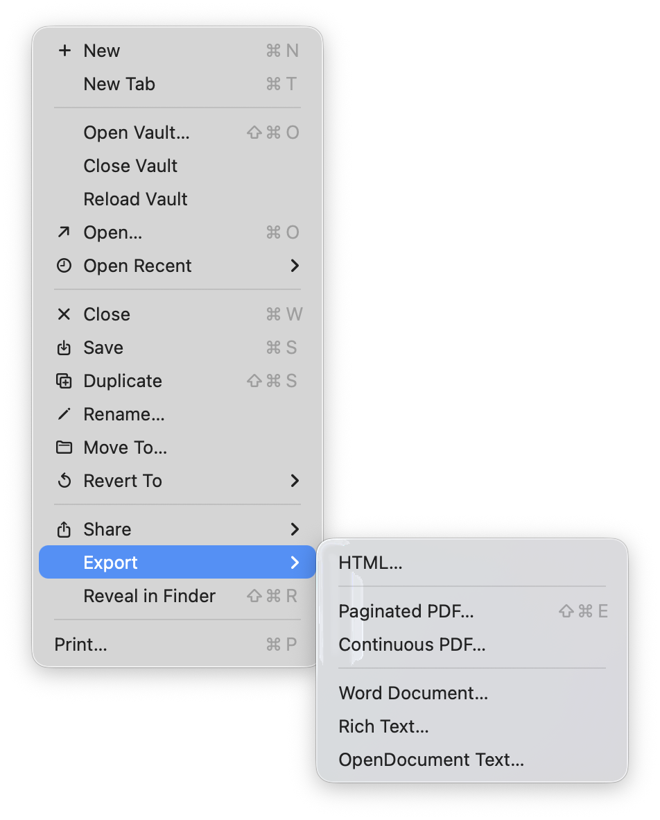The Export menu listing the available formats.